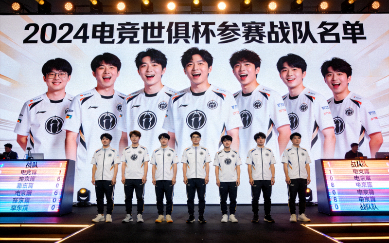电竞世俱杯参赛战队名单公布现场，选手列队登台