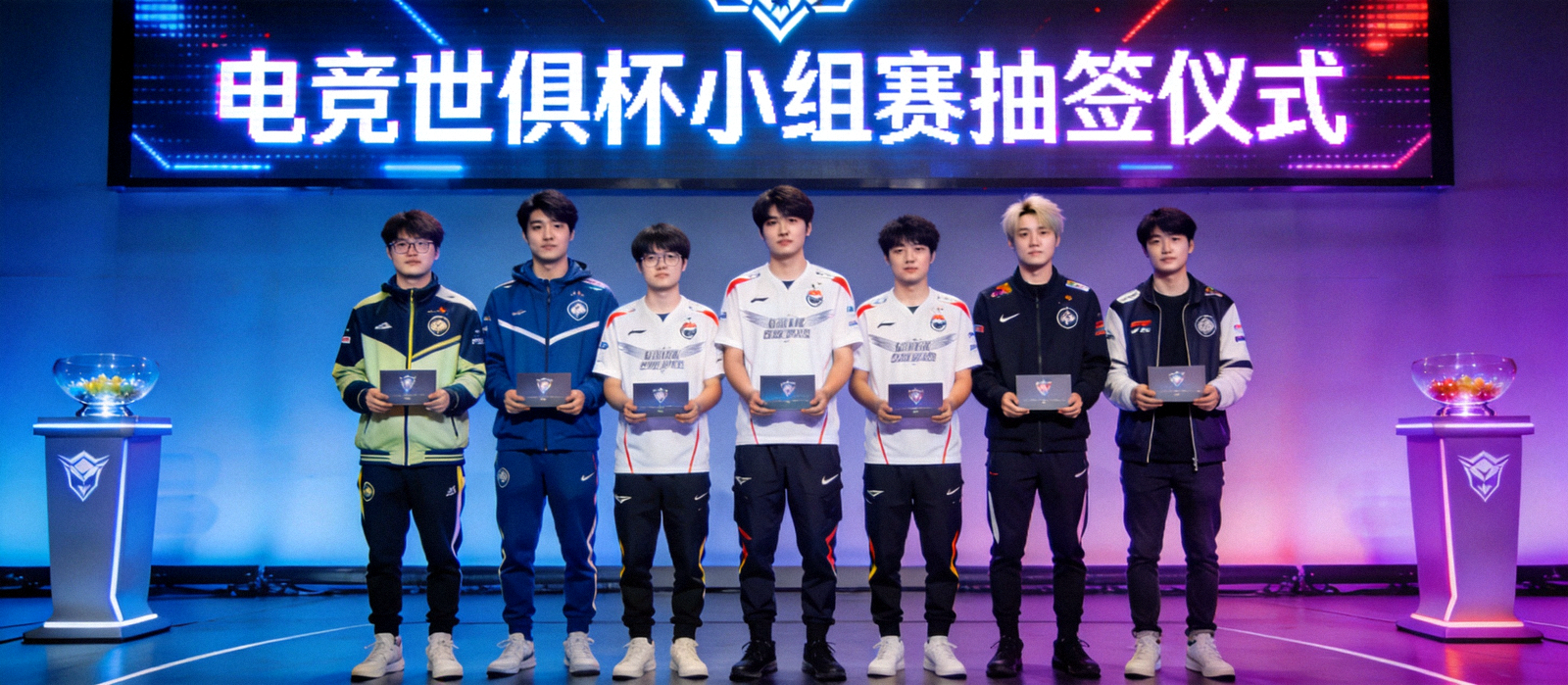 电竞世俱杯小组赛抽签仪式现场，各战队代表同台亮相